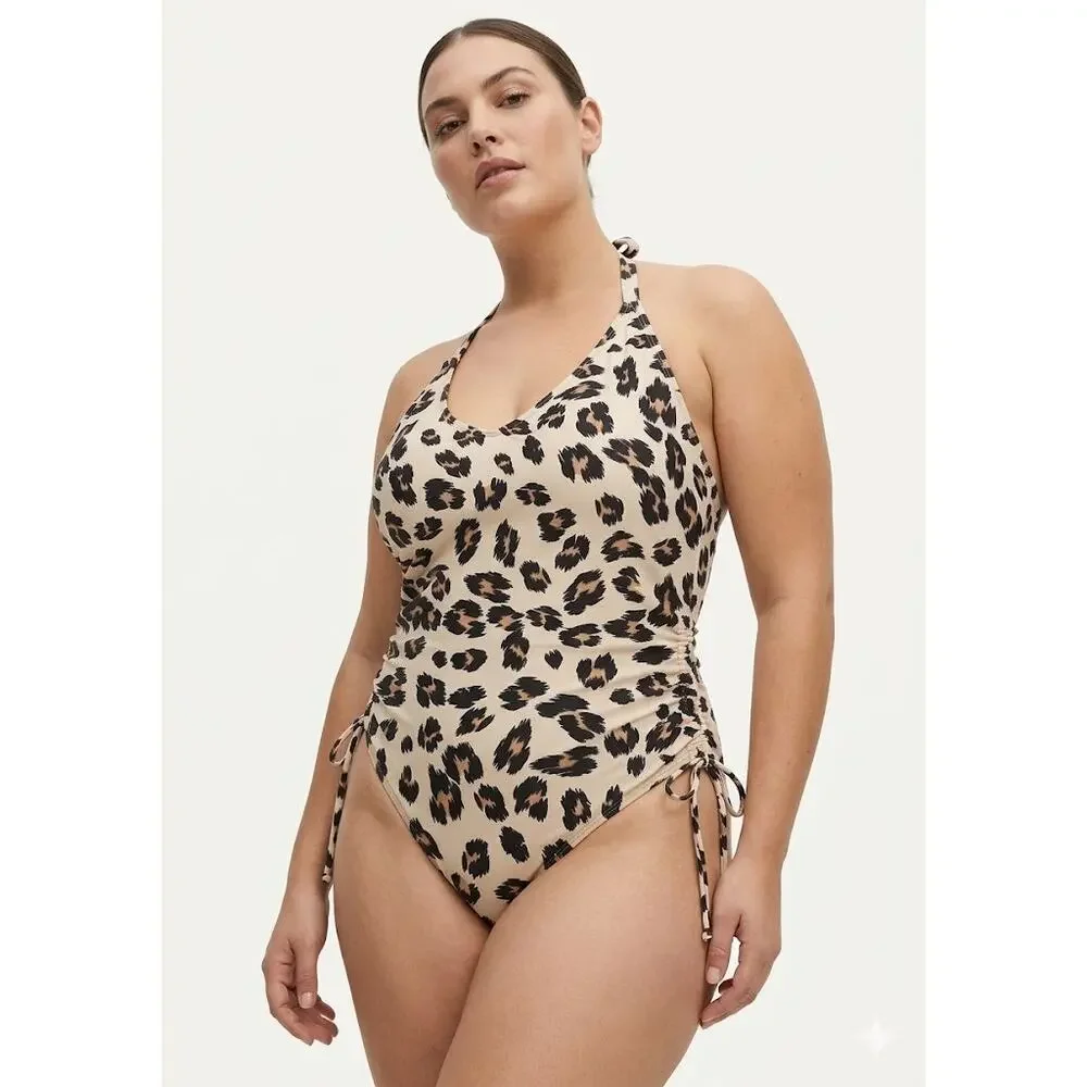 Kona Sol Leopard Print Ruched One Piece Swimsuit Side Tie Detail Size Large - Picture 2 of 8